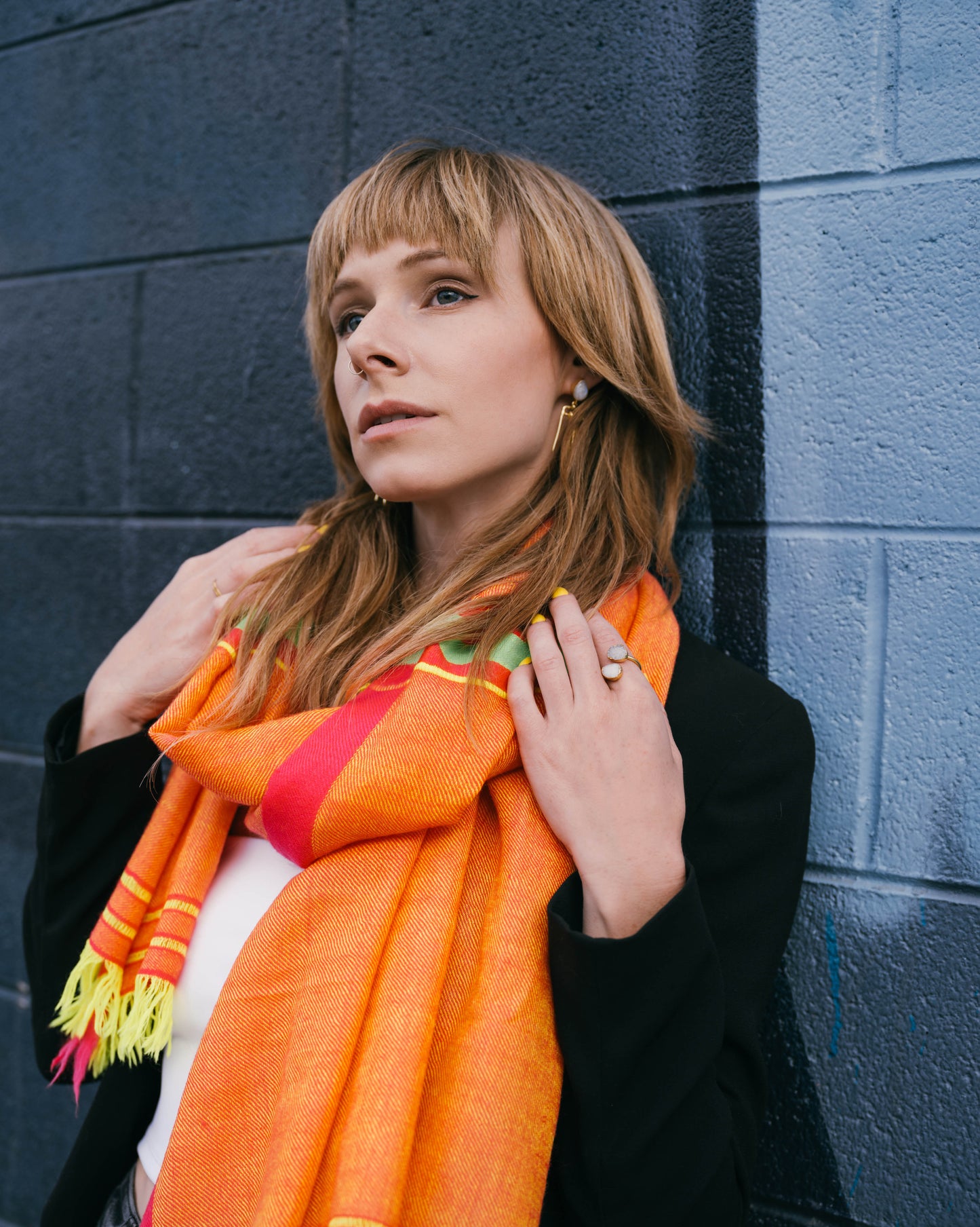 Vibrant Orange & Pink with Block Textile HandLoom Woven - Yak Wool Scarf