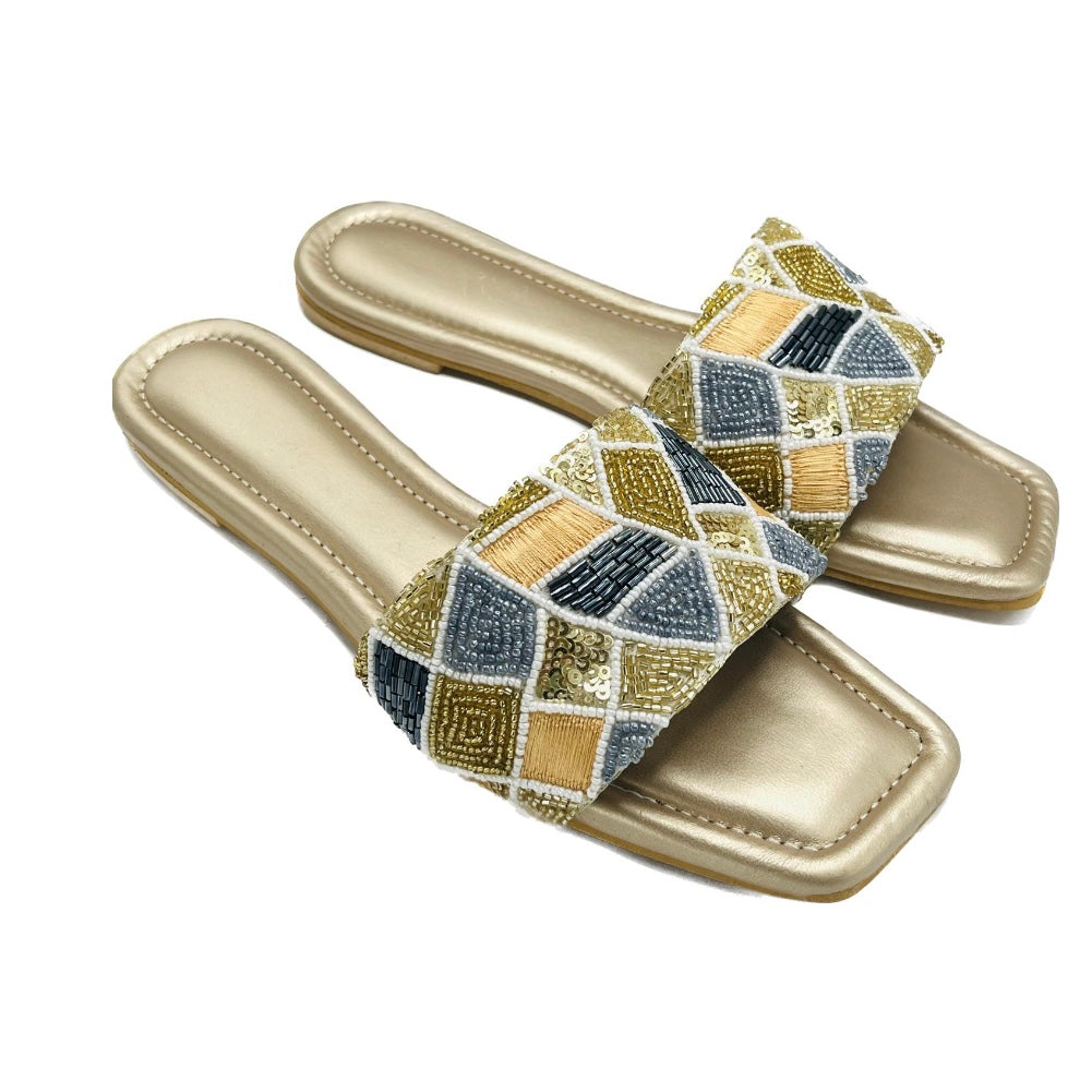 Abstract Navy Gold Square Toe Flat Sandal