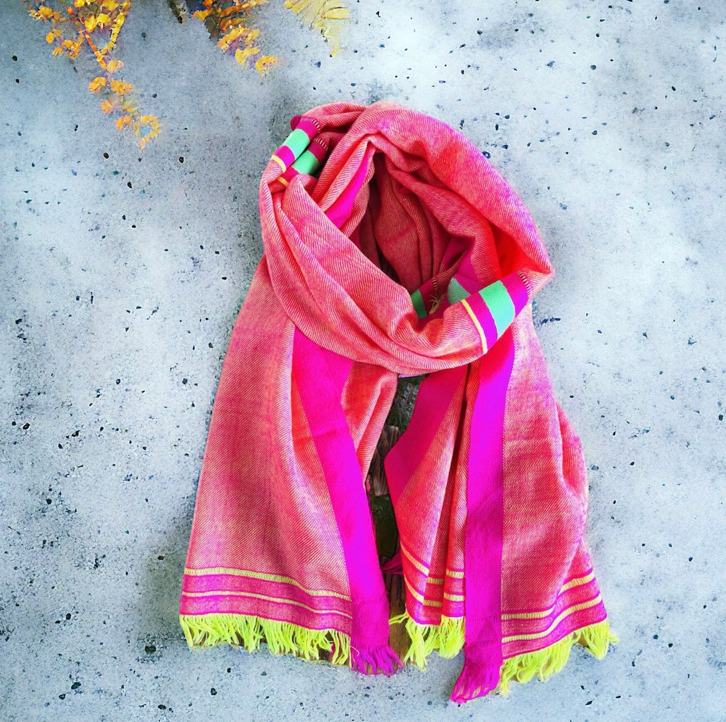 Vibrant Orange Pink with Bold Lime Green Linework - Pashmina Cashmere Scarf