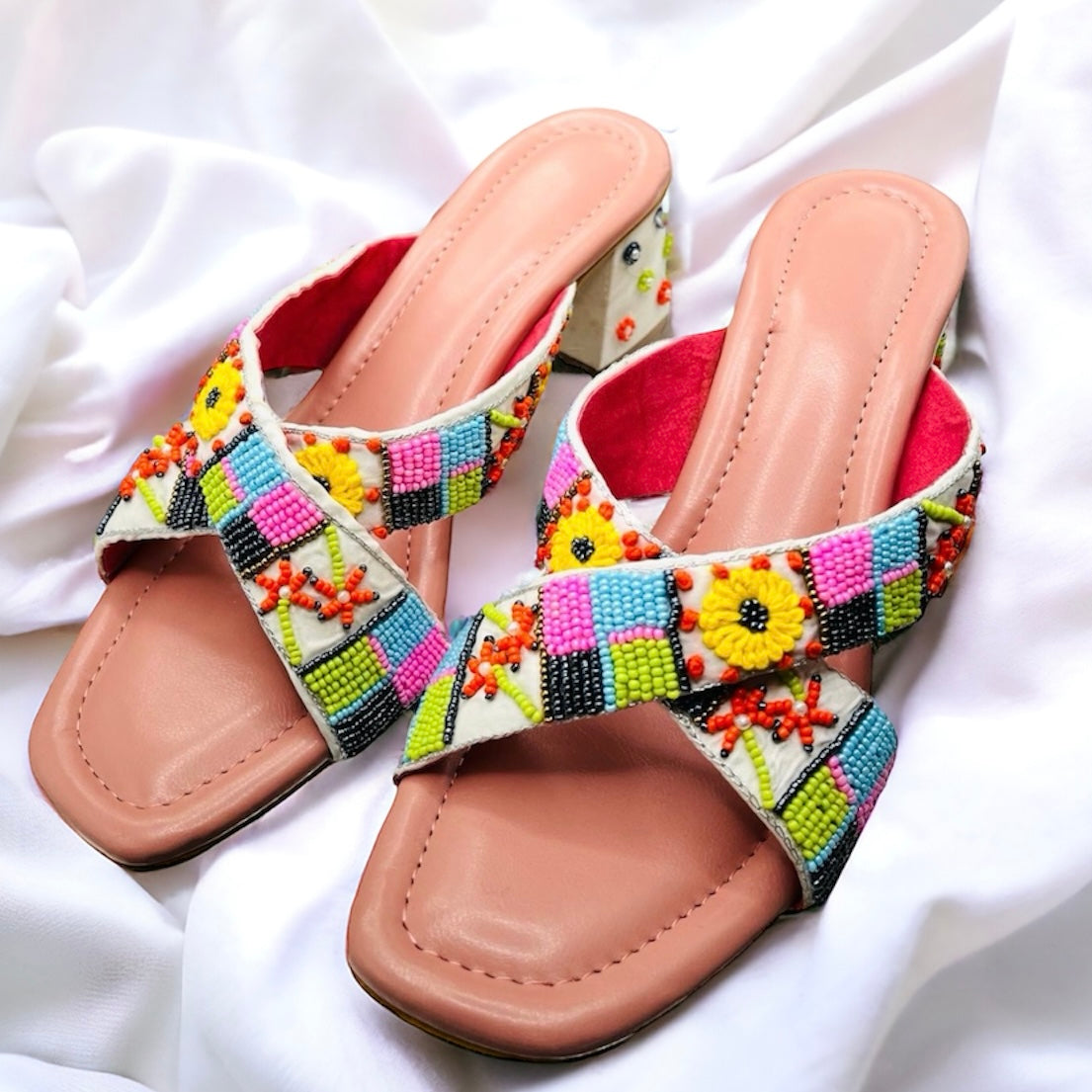 Let's Go Travel Beaded Crossover Strap Heel Sandal