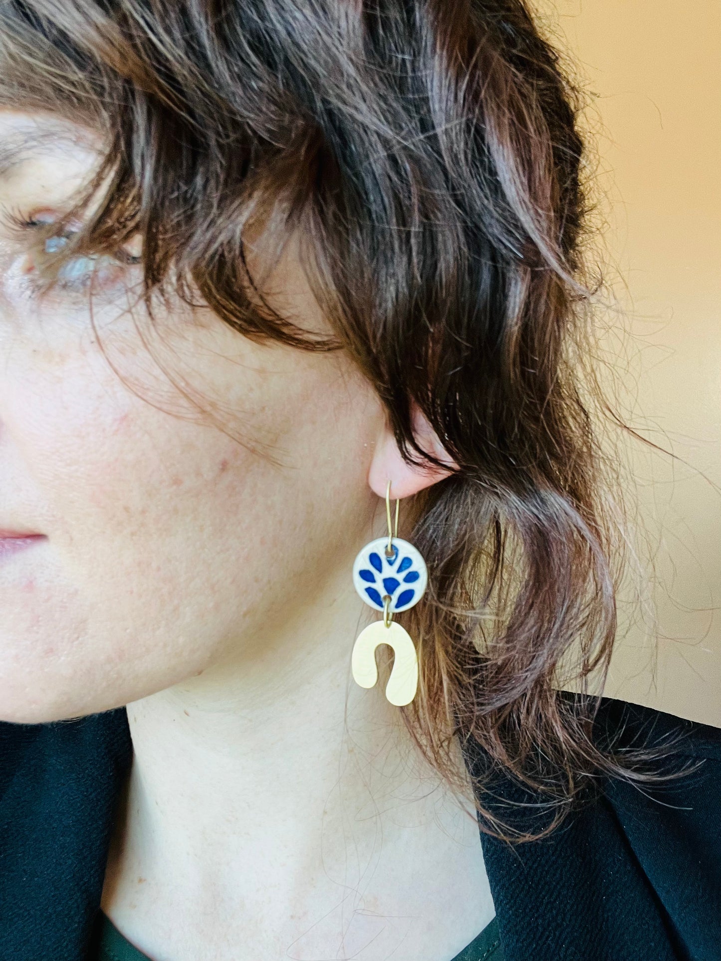 Lunar Embrace - Hand-painted Blue Delft and Gold Modern Dangle Earrings