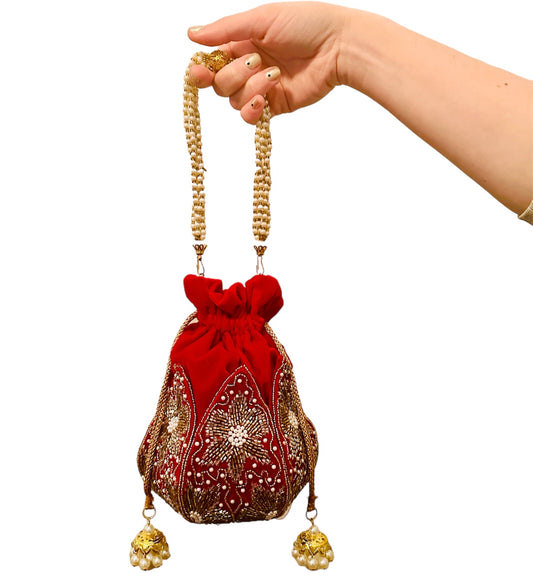 Love Struck Red Bucket Potli Handbag- by Merry Dove