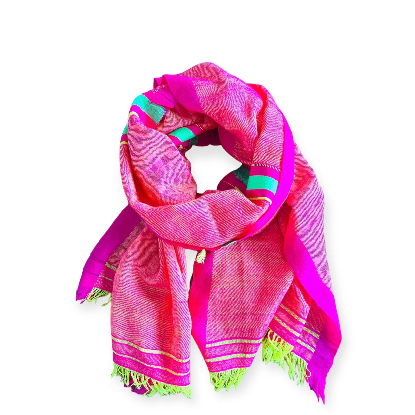 Vibrant Orange Pink with Bold Lime Green Linework - Pashmina Cashmere Scarf