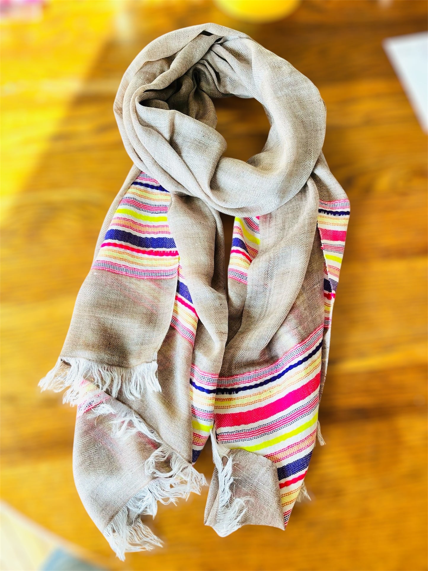 Warm Mauve Beige with Spaced Out Linework - Pashmina Cashmere Scarf