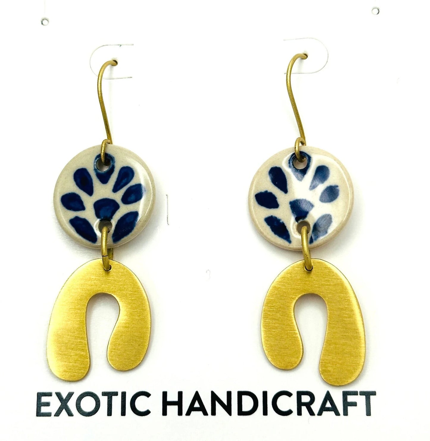 Lunar Embrace - Hand-painted Blue Delft and Gold Modern Dangle Earrings