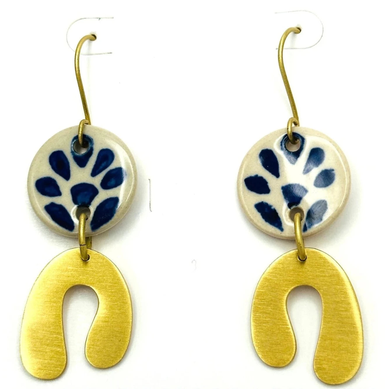 Lunar Embrace - Hand-painted Blue Delft and Gold Modern Dangle Earrings