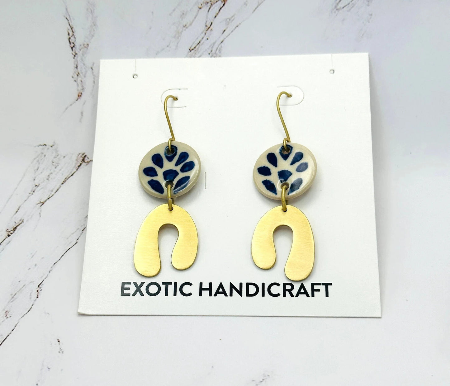 Lunar Embrace - Hand-painted Blue Delft and Gold Modern Dangle Earrings