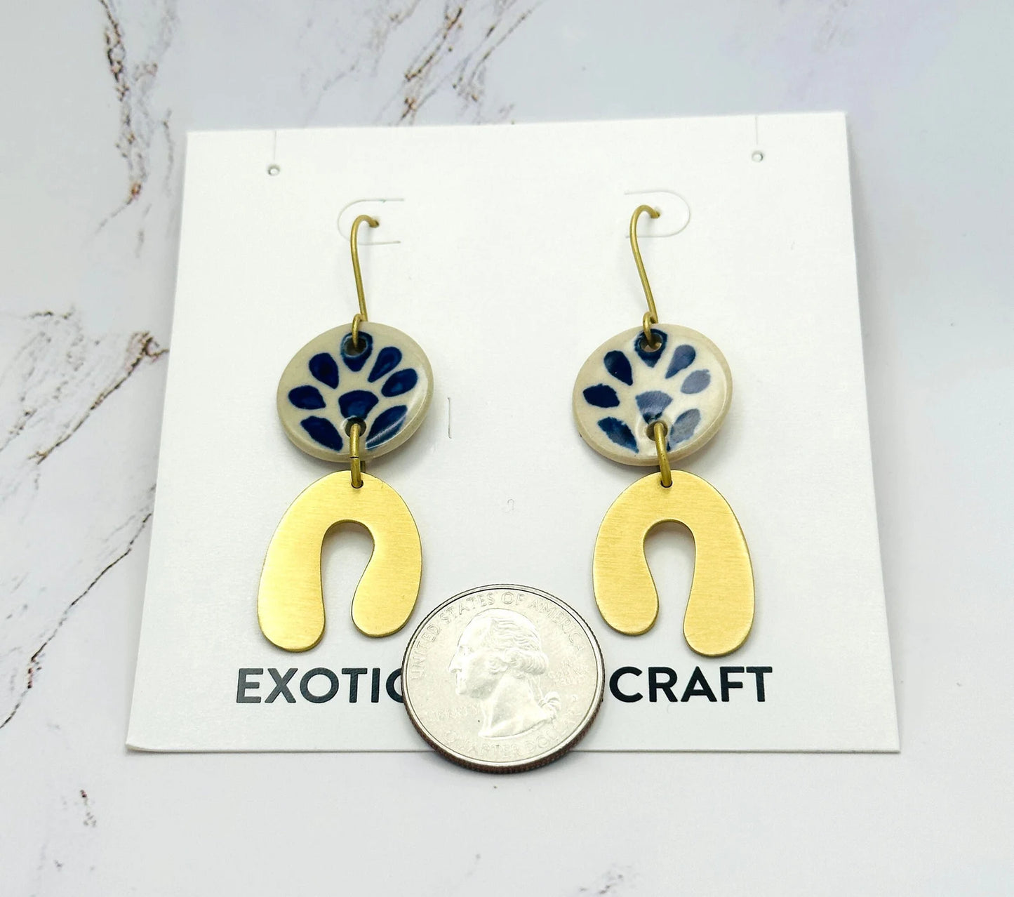 Lunar Embrace - Hand-painted Blue Delft and Gold Modern Dangle Earrings