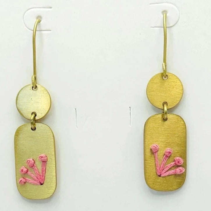 Pink Threaded Gold Geometric Dangle Earrings