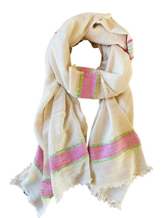 Cream White with Pink and Green Stripes Handloom Woven - Pashmina Cashmere Scarf