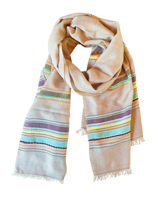 Beige with Purple & Blue Multi-Stripe Handloom Woven - Pashmina Wool Blend Cashmere Scarf