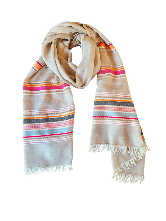 Vibrant Pink Muti-Stripe Handloom Woven - Pashmina Wool Blend Cashmere Scarf