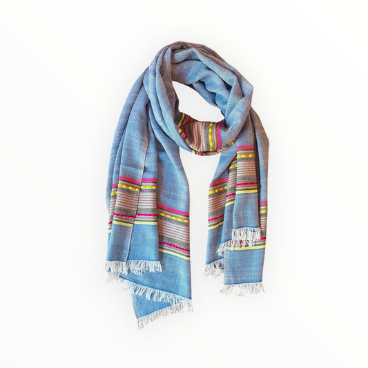 Light Blue with Multi-Stripe Handloom Woven - Pashmina Wool Blend Cashmere Scarf