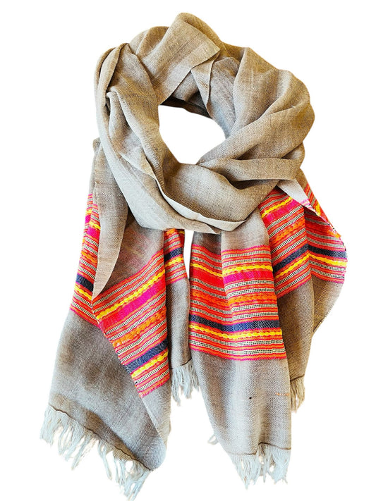 Beige Thick Pink Multi-Band Handloom Woven - Pashmina Cashmere Scarf