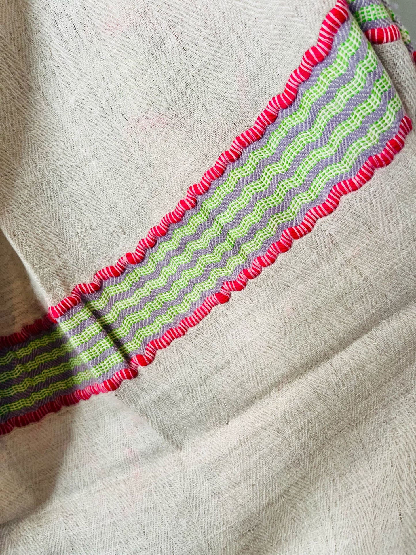 Cream White with Pink and Green Stripes Handloom Woven - Pashmina Cashmere Scarf