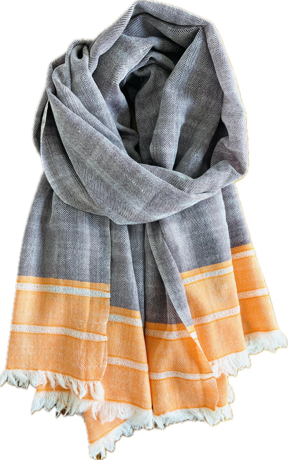 Grey Handwoven with Orange Block Linework - Pashmina Cashmere Scarf